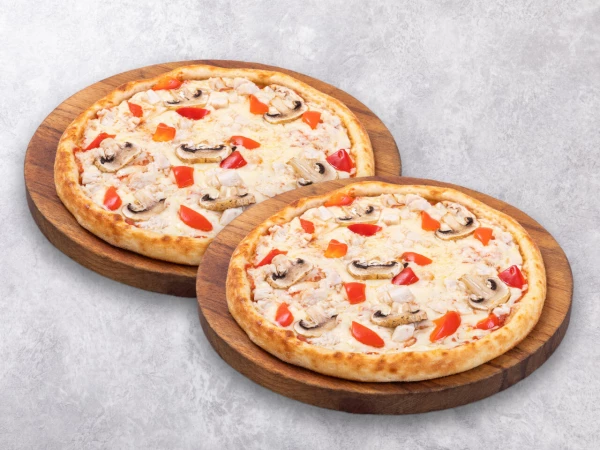 Пицца с курицей и шампиньонами 25 см 1+1