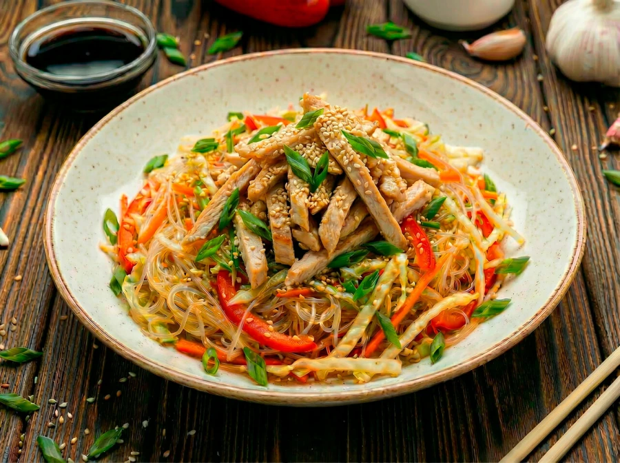 Салат с фунчозой и курицей