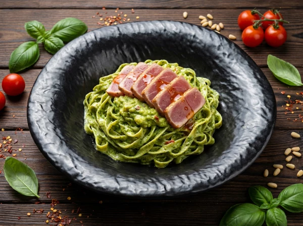 Паста тальятелле с тунцом, авокадо и сливочным Песто