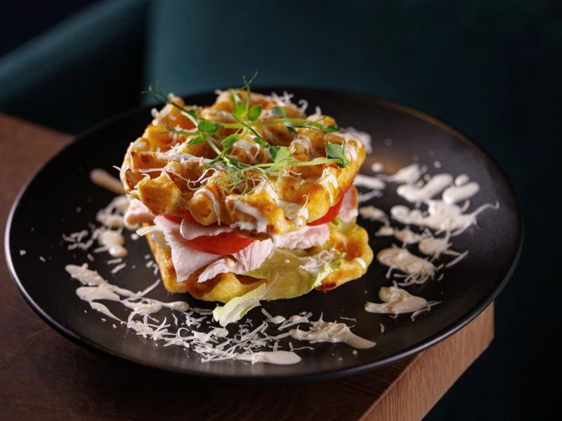 Сырная вафля с курицей и томатами