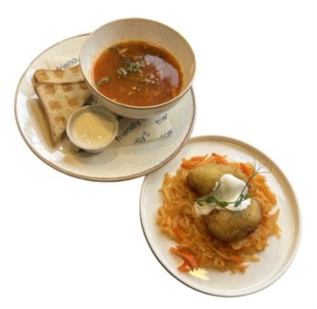 Солянка мясная со сметаной + Зразы картофельные с грибами и тушеной капустой