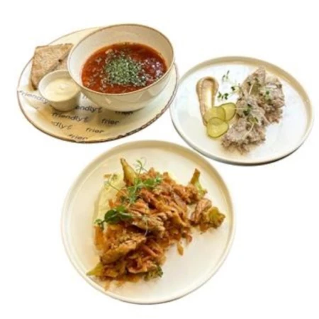 Холодец мясной + Борщ + Свинина с тушеной капустой и картофельным пюре