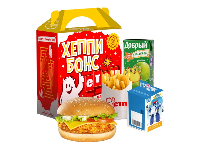 ХЭППИ БОКС: ЧИКЕНБУРГЕР, КАРТОФЕЛЬ ФРИ, СОК В КОРОБКЕ, ИГРУШКА