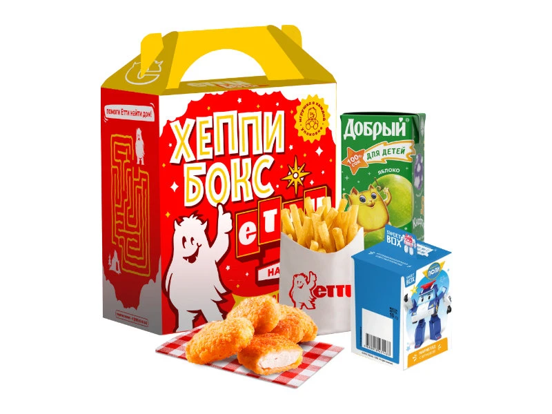 ХЭППИ БОКС: НАГГЕТСЫ КУРИНЫЕ 4 ШТ, КАРТОФЕЛЬ ФРИ, СОК В КОРОБКЕ, ИГРУШКА