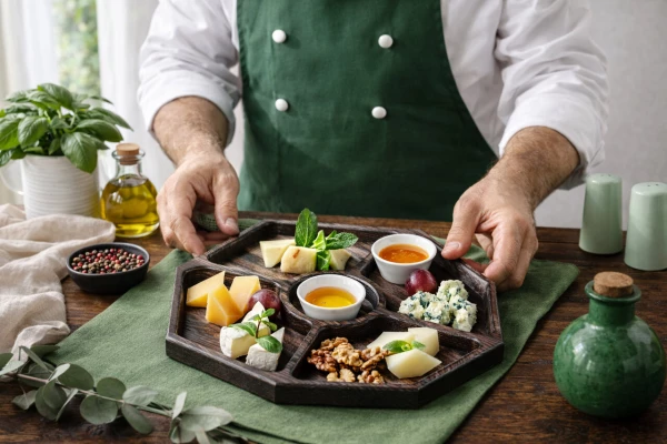 Ассорти благородных сыров с  грецким орехом и сладким виноградом