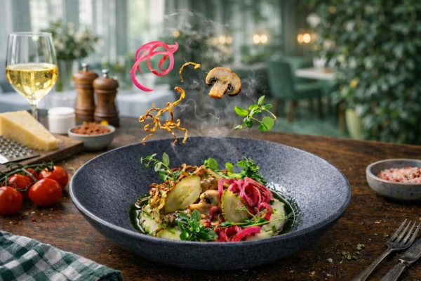 Бефстроганоф из телятины с картофелем, грибами и пастой из трюфеля