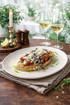 Брускета с печеными овощами и страчателлой