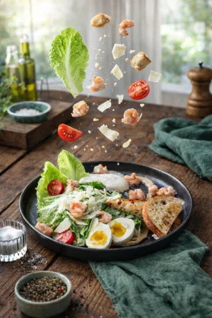 Цезарь с тигровыми креветками и печеной Чиабаттой в прованских травах 