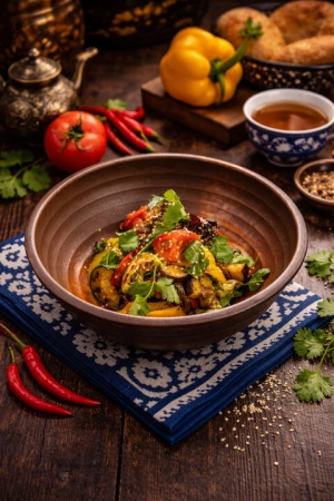 Теплый салат Дудляж из запеченых овощей с маслом и зеленью