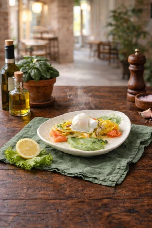 Феттучине с красной рыбой, яйцом пашот и муссом из авокадо