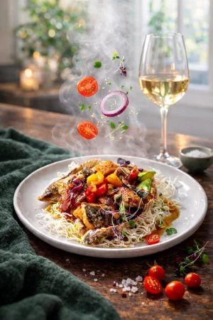 Камбала с овощами по-тайски и соусом из манго