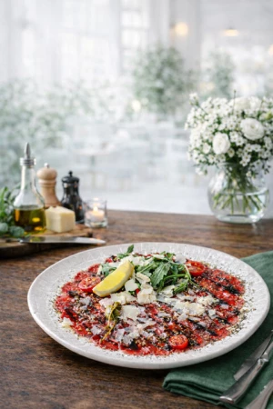 Карпачо из говядины с рукколой, сладкими томатами и сыром пармезан