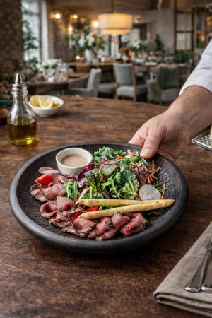 Ростбиф из телятины с салатом в имбирной заправке