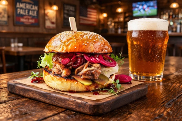 Бургер с рваной  реберной мякотью из свинины с вишневым соусом