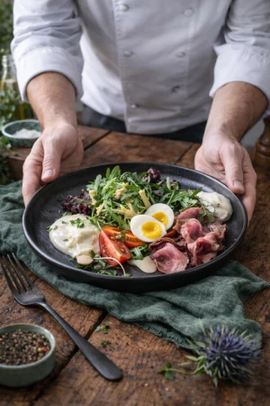 Салат с ростбифом в кунжутном соусе, рагу из томатов и луковым кремом 