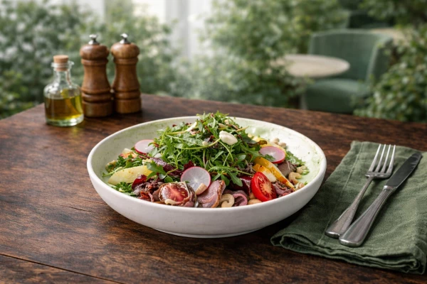 Салат с томленым телячьим краем в медово-чесночном соусе и кешью 