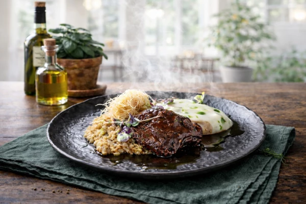 Телячьи щеки с перлотто в сливочно-трюфельном соусе 