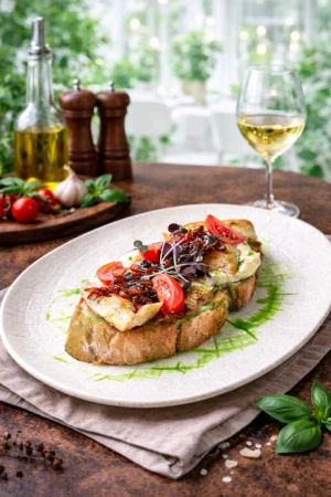 Брускета с курицей и карамельным луком