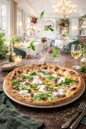 Пицца со страчателлой и говядиной в овощном соусе