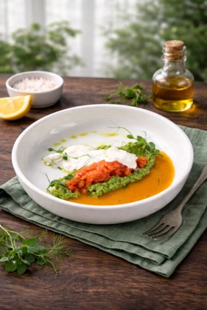 Тар-тар из форели со страчателлой и манговым соусом