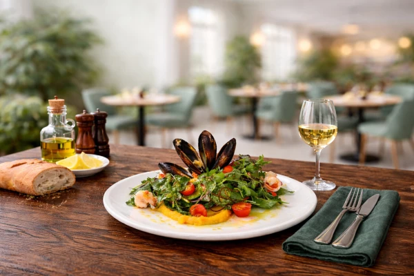 Теплый салат с морепродуктами