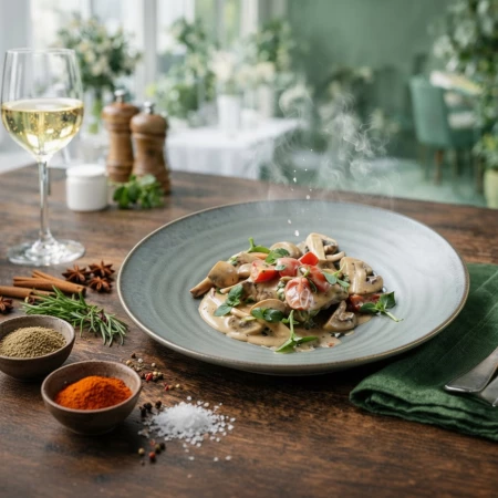 Стейк из тонкого края с грибным соусом