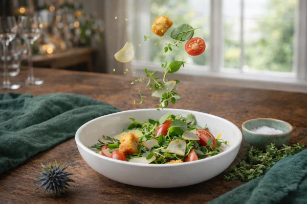 Салат с хрустящей тыквой, грушей и соусом манго