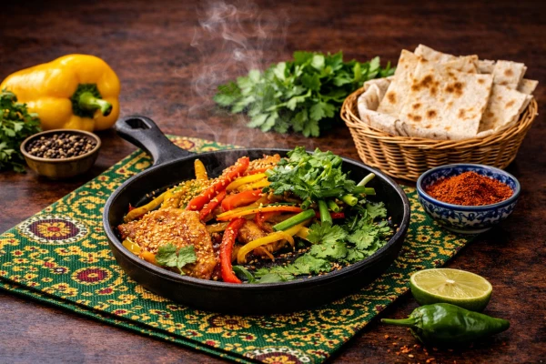 Курица по-уйгурски с овощами, зеленью, луком и чесноком