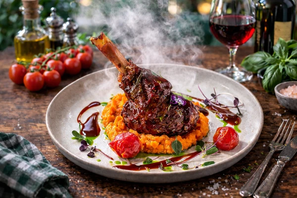 Ножка молодого ягненка с овощами в соусе Порто