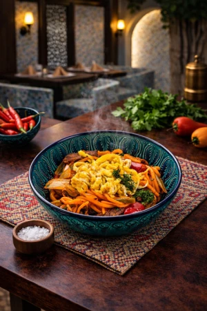 Жареный лагман говядиной и омлетом