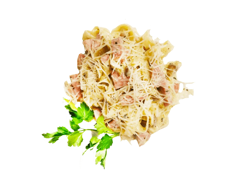 Паста с ветчиной и грибами