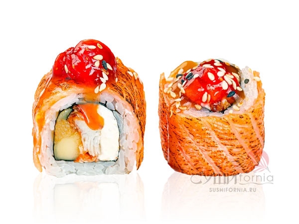 Опаленный лосось с угрем и манго