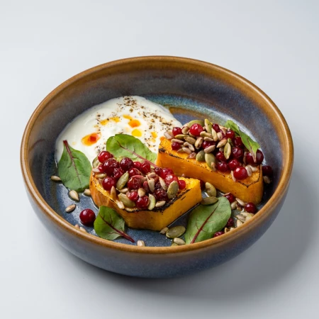 Печеная тыква с йогуртом и клюквой