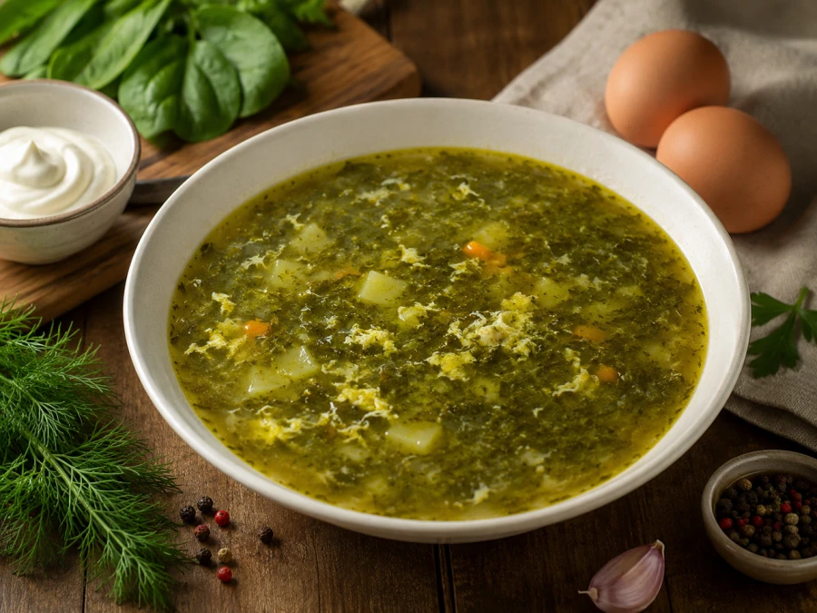 Щи зеленые со щавелем, курочкой и взбитым яйцом