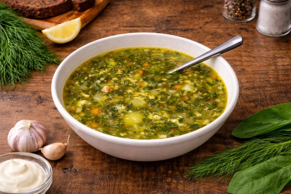 Щи зеленые со щавелем, курочкой и взбитым яйцом