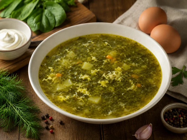 Щи зеленые со щавелем, курочкой и взбитым яйцом