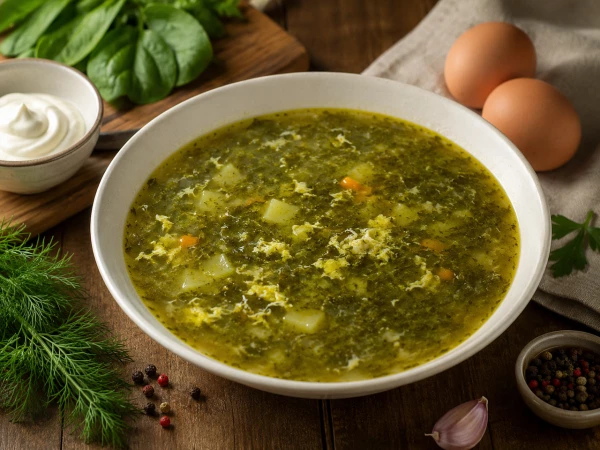Щи зеленые со щавелем, курочкой и взбитым яйцом