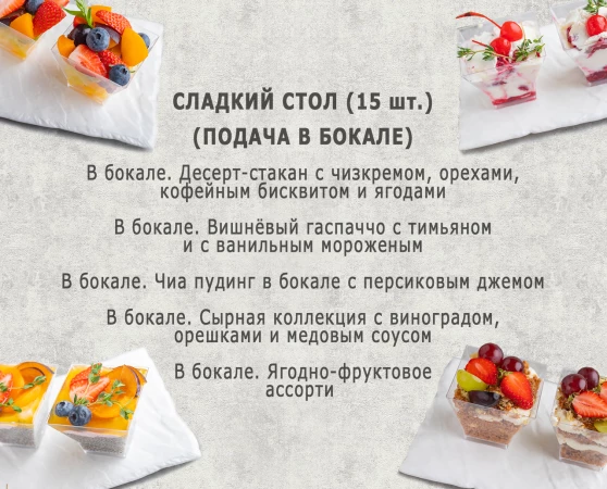 Сладкий стол. Подача в бокале ((10 персон)