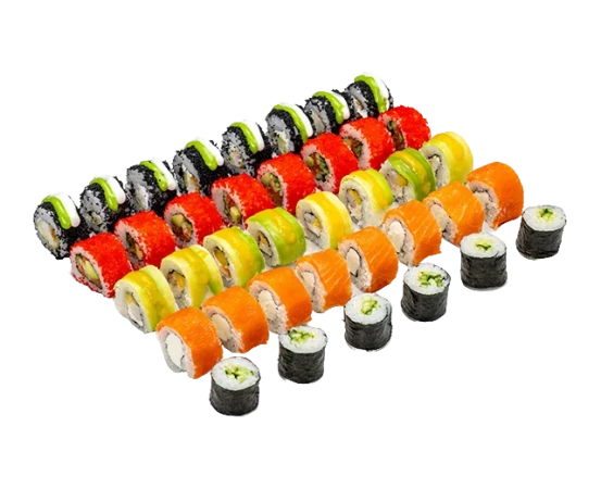 Сет Рица (Ролл огурец, Зелёный дракон, Калифорния с лососем, Нежный лосось новый, Сансет эби)