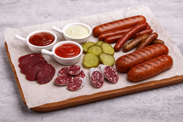 Тарелка гриль с колбасками
