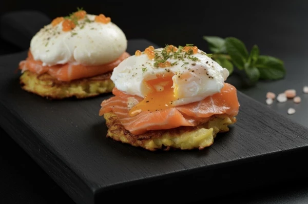 Драники с лососем и яйцом пашот