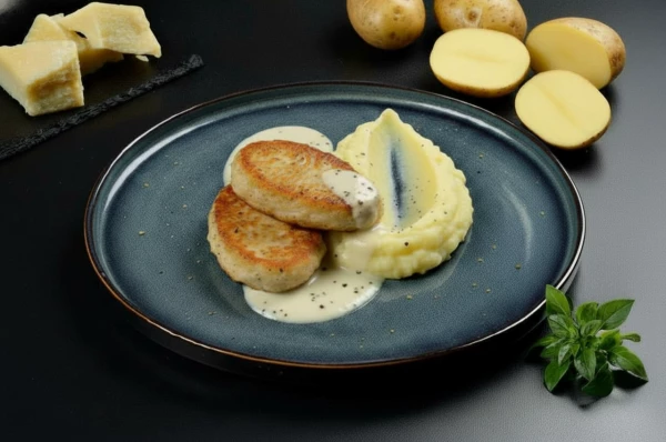 Куриные котлетки с пюре и сырным соусом