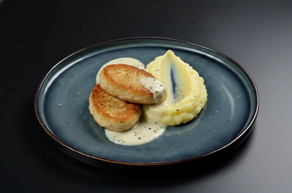 Куриные котлетки с пюре и сырным соусом