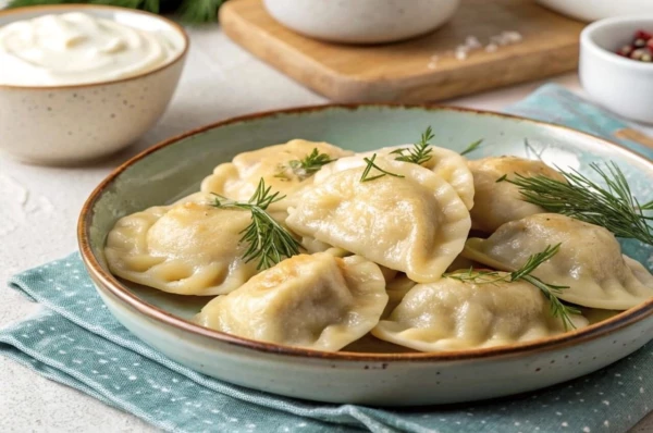 Вареники с картофелем и грибами с грибным соусом