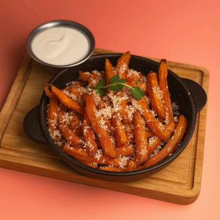 Батат с пармезаном и чесночным соусом