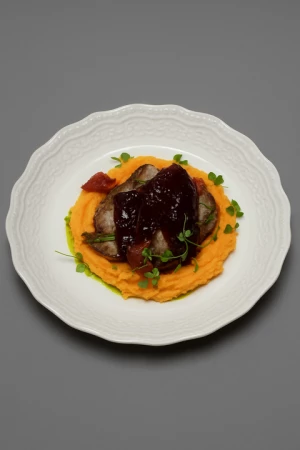 Буженина собственного копчения с морковным пюре и брусничным соусом