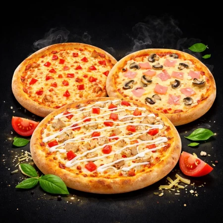 Три пиццы (Цыпленок Ранч, Маргарита, Ветчина-Грибы)