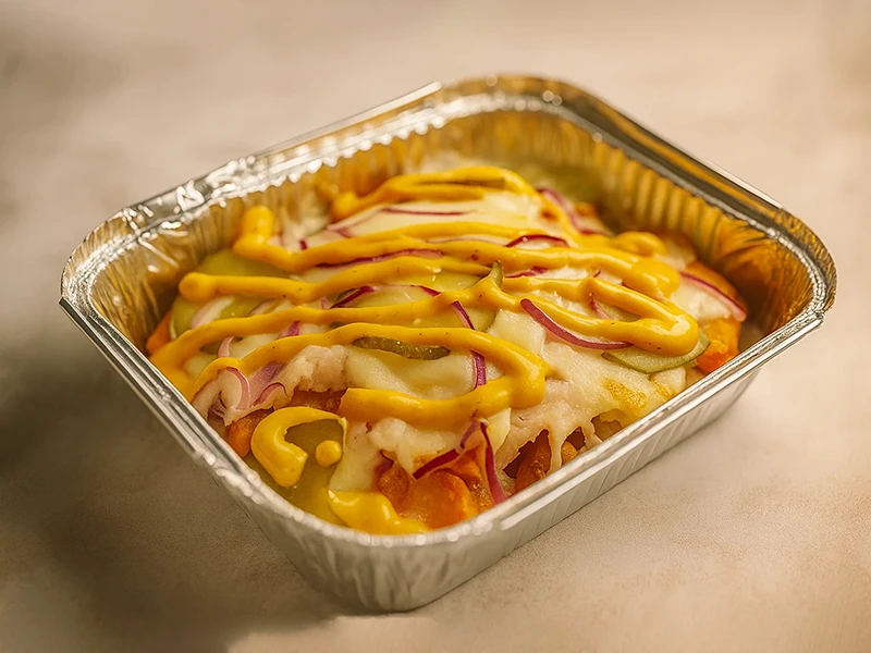 Картофельные дольки с курочкой и маринованными огурцами