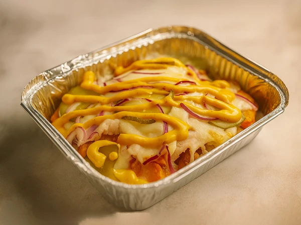 Картофельные дольки с курочкой и маринованными огурцами