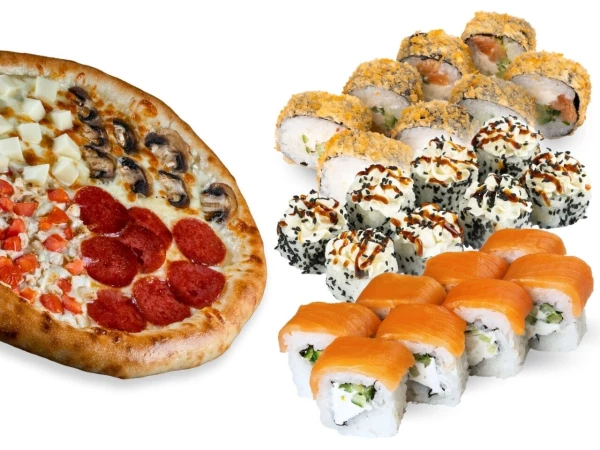 Пицца и три ролла